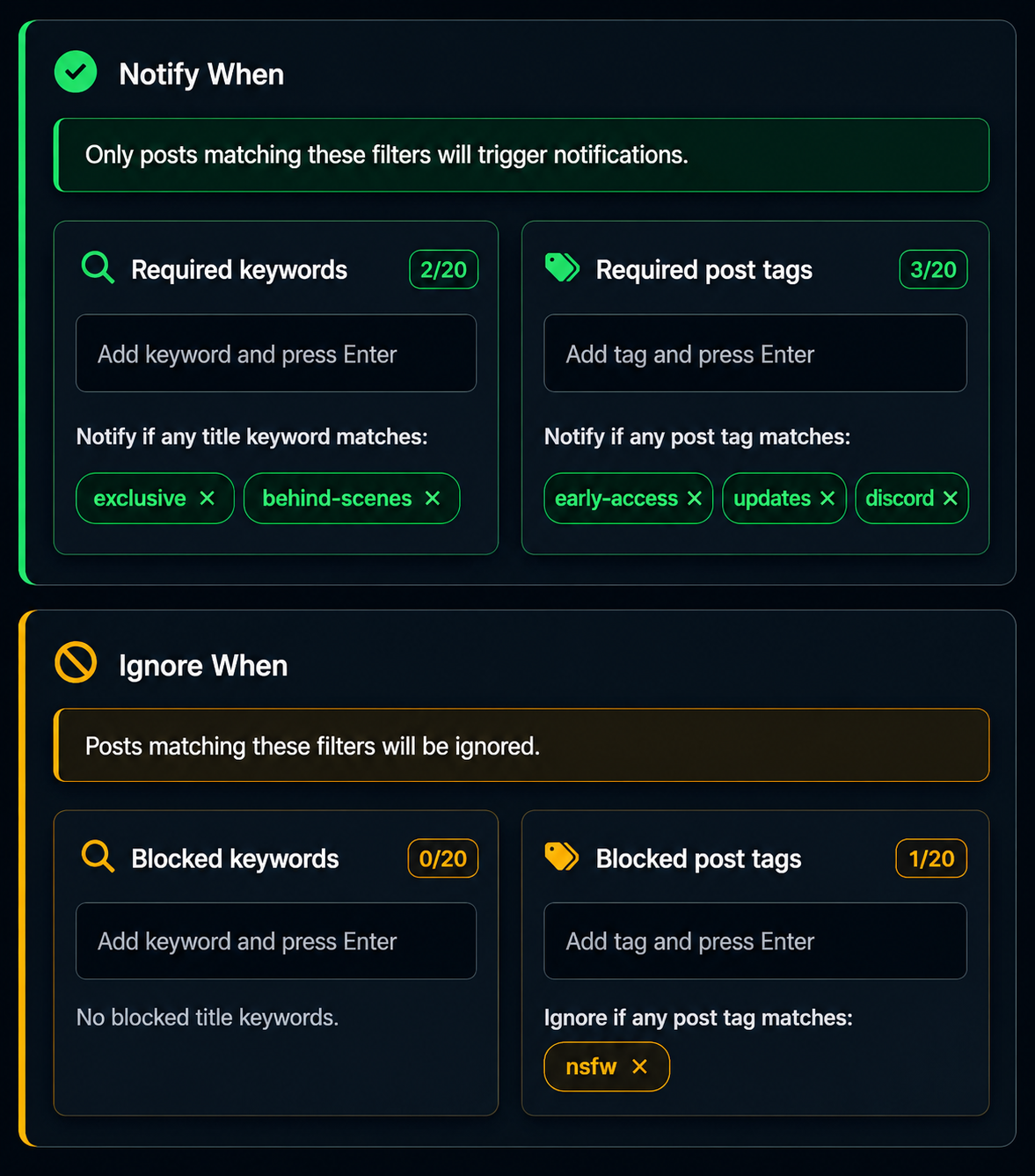 NotiFire notification filter controls
